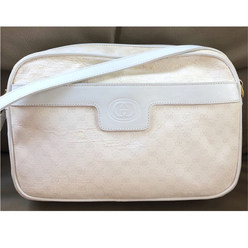 Authentic Vintage Gucci White Monogram Canvas Leather Camera Bag, poor condition